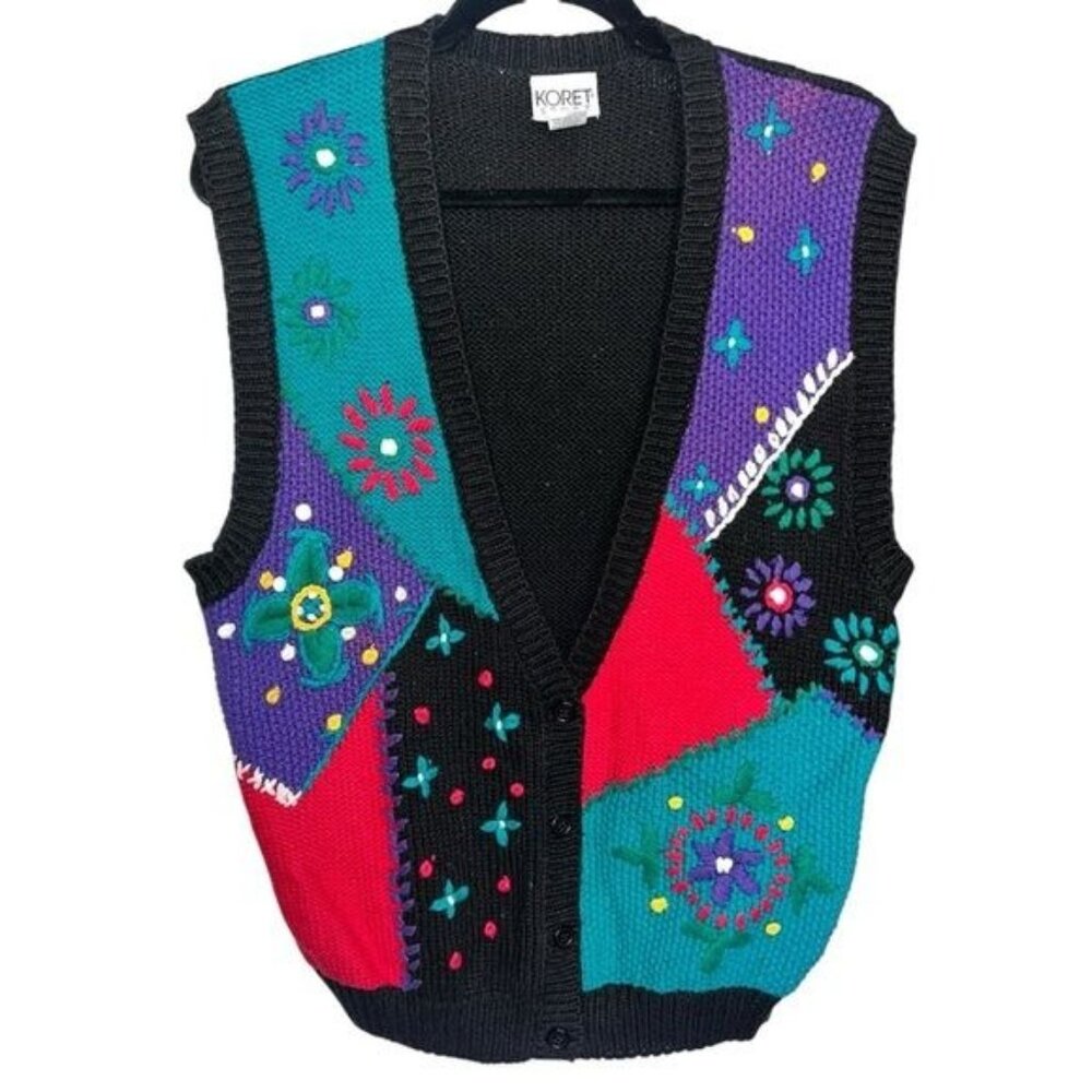 Koret Womens Knit Button-Up Vest Embroidered Floral Pattern Size L Ramie Blend